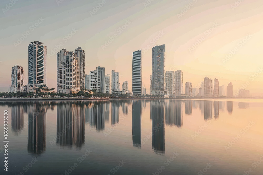 Fototapeta premium Serene Urban Skyline Reflection at Sunset Over Calm Water Surface
