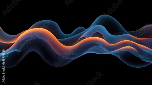 A digital illustration of abstract wave patterns in orange, blue, and black.