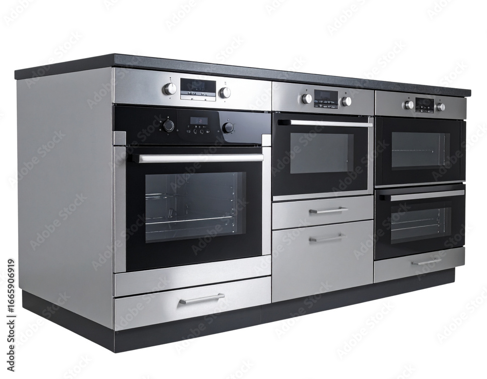 Obraz premium Front View Collection of Modern Kitchen Ovens in Stainless Steel Finish, Isolated on White Background