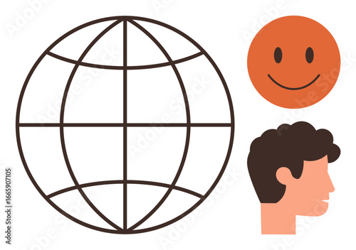 Globe symbol, smiling face, and human profile represent global connection, positivity, diversity, communication, teamwork, inclusion and emotional well-being. Ideal for networking humanity themes