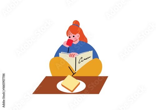 朝食をとりながら本を読む女性