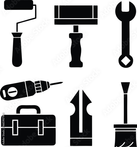 home, improvement, icon, set, diy, tool, collection, renovation, repair, equipment, simple, solid, black, design, vector