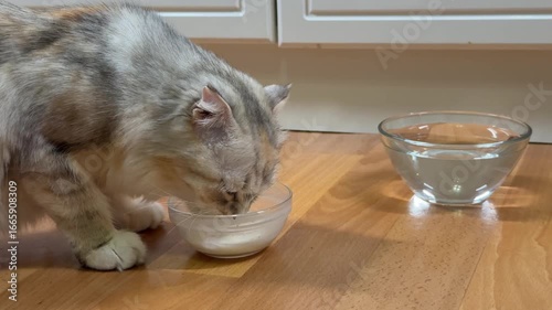 The cat drinks milk from a transparent bowl.