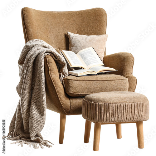 Armchair with Open Book and Blanket, Cozy Reading Nook, Transparent PNG