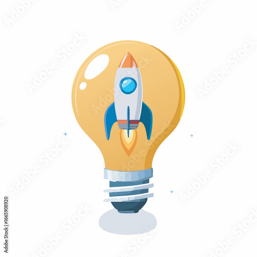 Rocket launching from lightbulb symbolizes innovative ideas and creative solutions on a clean white backdrop, representing progress and ingenuity.