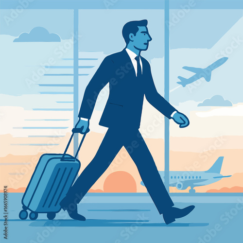 Professional businessman wheeling travel luggage across an airport terminal in a sleek artistic illustration, perfect for business travel, corporate mobility, modern transportation, travel lifestyle.