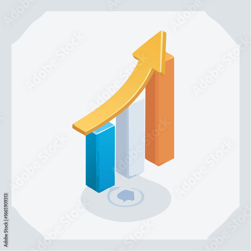 Isometric bar graph shows upward trend on white surface, suggesting business growth and financial success.