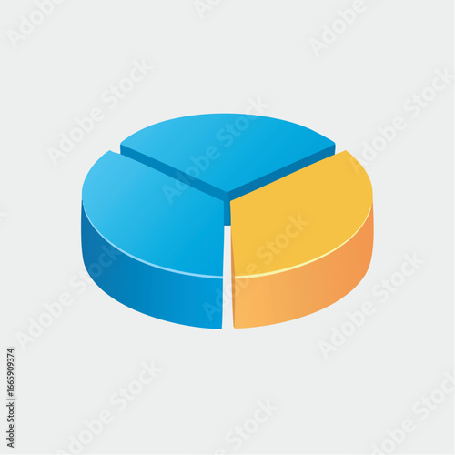 Isometric pie chart showing data analysis with blue and yellow segments on a light gray surface representing business statistics and financial analysis.