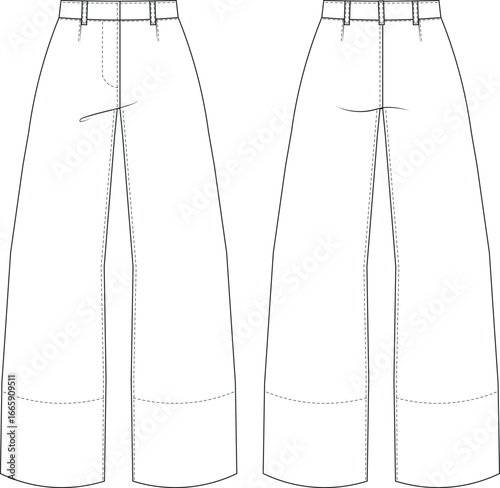 drop midi waist rise wide leg denim jean baggy pant trouser  template technical drawing flat sketch cad mockup fashion woman design style model 
