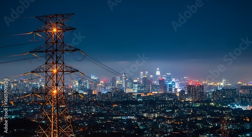 City lights and power lines at night