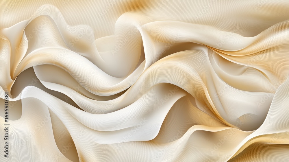 Obraz premium A digital illustration of flowing, abstract fabric in shades of white and gold.