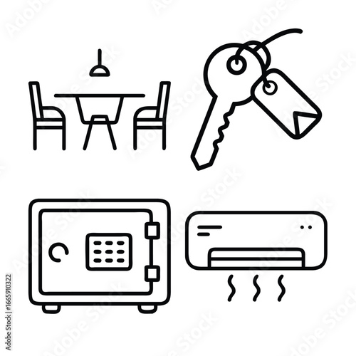 A collection of four line art icons representing common hotel amenities: a dining table with chairs, a key with a tag, a safe, and an air conditioner.