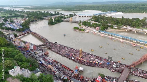 Aerial drone view of the Ganga River flowing through Haridwar, Uttarakhand, India
