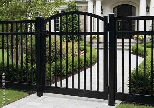 Modern black gate in a well-maintained yard