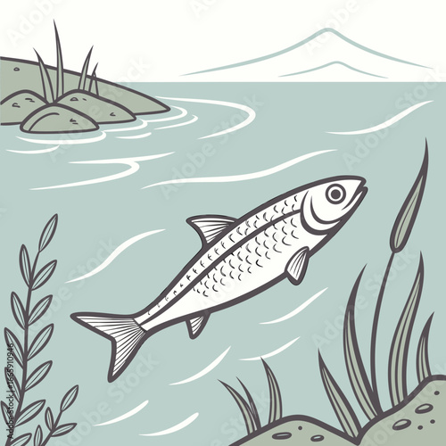 Single fish swimming in calm water with reeds and distant hills