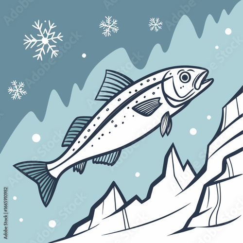 Salmon jumping near ice formations with snowflakes