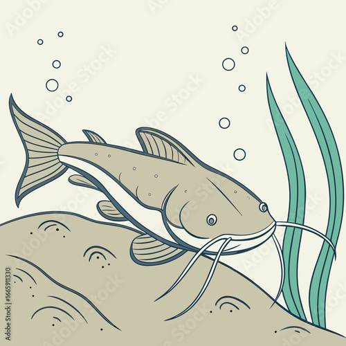 Cartoon catfish swimming near sandy bottom with plants