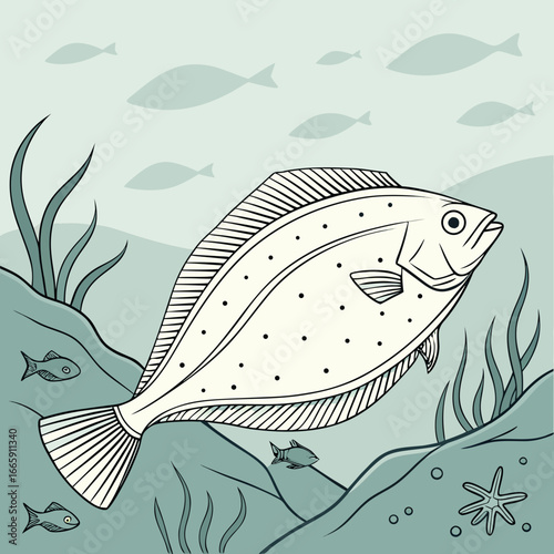 Flounder fish swims in shallow water with seaweed flatfish