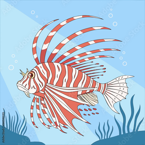 Red and white striped lionfish swimming in blue water with plants