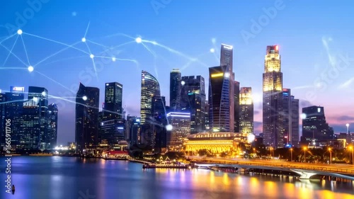 Wallpaper Mural Modern city skyline with connected data network, vibrant cityscape against night sky for future Torontodigital.ca