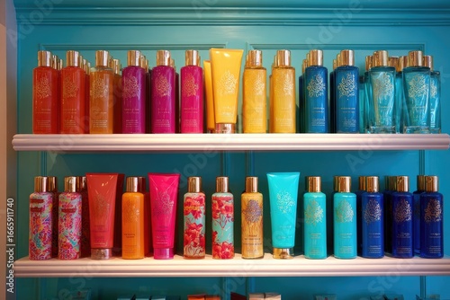 Colorful bottles of body care products on teal shelves