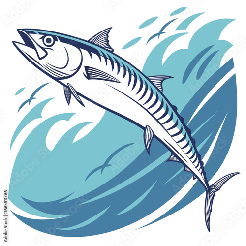 Jumping Mackerel Fish in Ocean Waves vector illustration