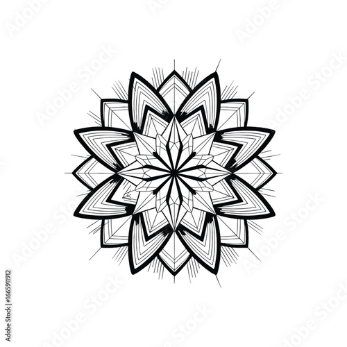 Intricate black and white geometric mandala pattern with radial symmetry and detailed line art white background