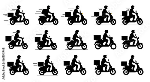 Delivery Scooter Riders Collection in Silhouette Style on White Background silhouette