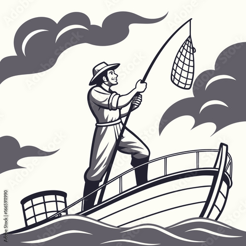 Fisherman on Boat with Fishing Net and Clouds ocean