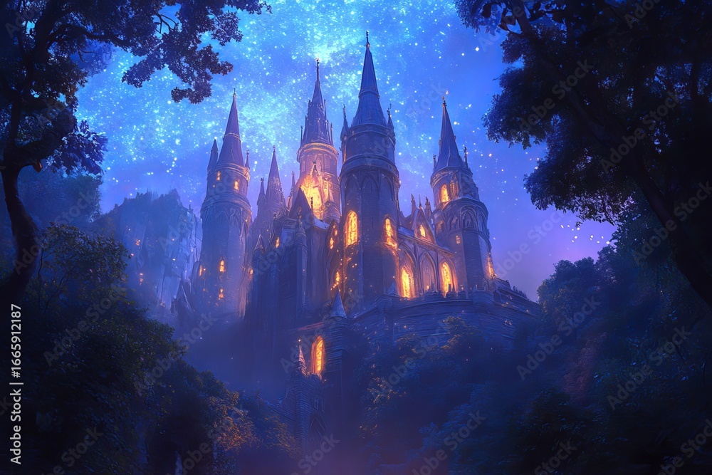 Fototapeta premium In a fantastical landscape of wonder, a fairy tale castle rises with majestic towers and an atmosphere of magic and awe