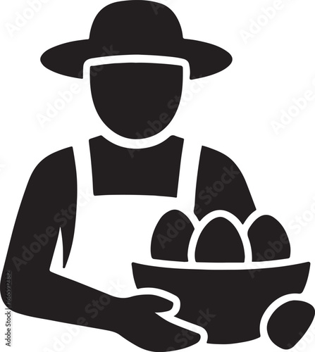 Farmer collecting eggs silhouette, vector design ideal for poultry, farm, agriculture, and rural life themes.