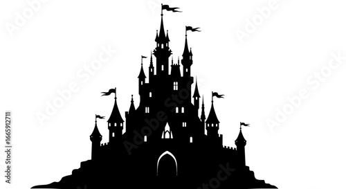 Majestic Castle with Flags Silhouette Against White Background Fantasy Architecture