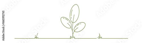 Delicate line art illustration of a new plant sprouting from the earth with blades of grass.
