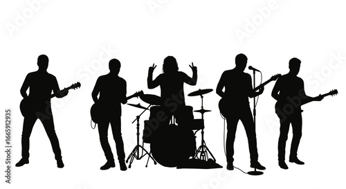 Rock Band Musicians Performing on Stage in Silhouette Style silhouette
