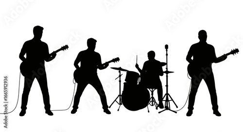 Rock Band Performing on Stage Black Silhouette on White Background silhouette