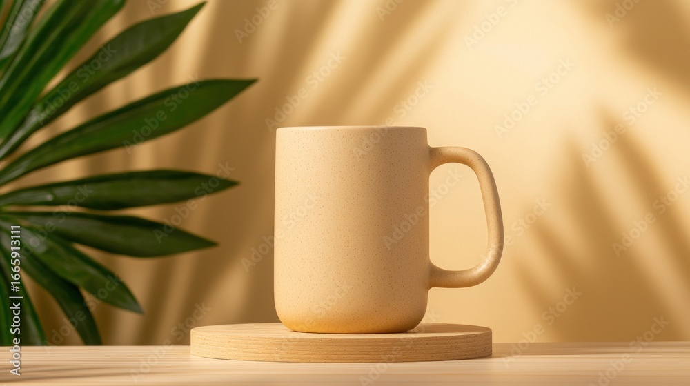 Obraz premium A light brown mug with a handle sits on a wooden coaster against a yellow wall.
