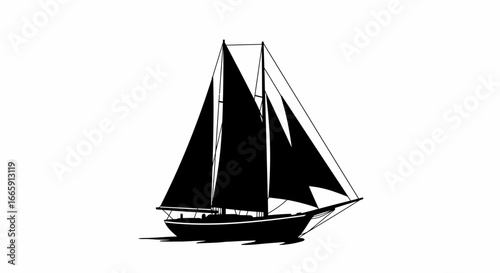 Sailing Yacht with Two Masts and Full Sails in Black Silhouette