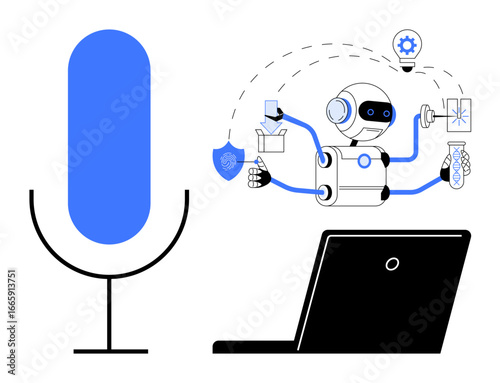 Large microphone, robot with multifunctional arms executing tasks, laptop. Ideal for AI, automation, voice control, robotics, productivity technology innovation. Simple flat metaphor