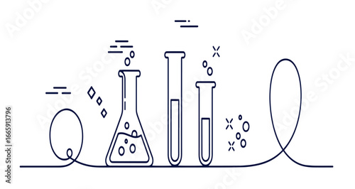 Clean line art illustration of chemistry lab equipment with bubbling liquids