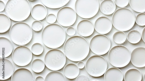 A collection of white plates arranged in a circular pattern.