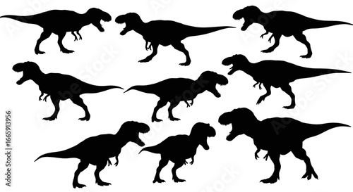 Seamless Pattern of Tyrannosaurus Rex Dinosaurs in Black Silhouette on White Background silhouette