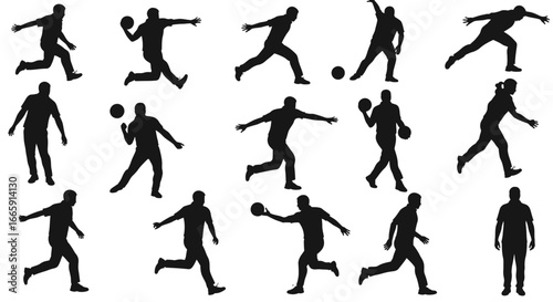 Collection of Men Playing Bowling in Various Poses Silhouette