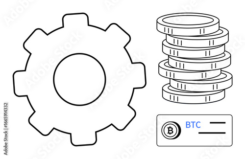 Gear alongside stacked coins and Bitcoin wallet interface representing cryptocurrency, blockchain, mining, economic innovation. Ideal for finance, tech, digital currency, startups, fintech