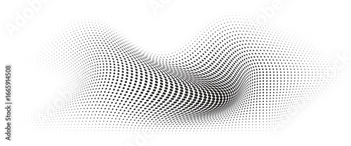 Flowing Wave Dot Halftone Pattern: Curve Gradient Shape on Transparent Background. Suitable for AI, Tech, Network, Digital, Science, and Technology Themes.