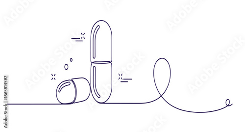 Minimalist line drawing of stacked medical capsules with a trailing line, symbolizing health and treatment.
