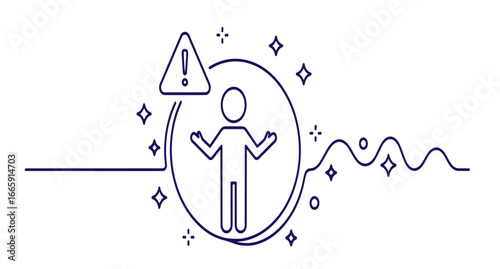 Person surrounded by a circle of alert symbols and abstract shapes, conveying a sense of caution or importance.
