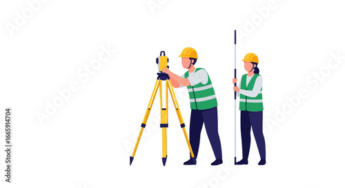 Two surveyors using surveying equipment on a construction site to measure and map the area.