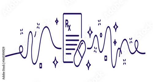 Abstract illustration of a medical prescription with a pill and wavy lines representing health.
