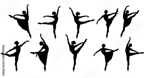 Elegant Ballet Dancers in Various Poses Artistic Black and White Silhouette Style on White Background silhouette