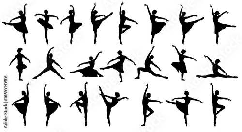 Seamless Pattern of Ballerinas in Various Poses on White Background silhouette